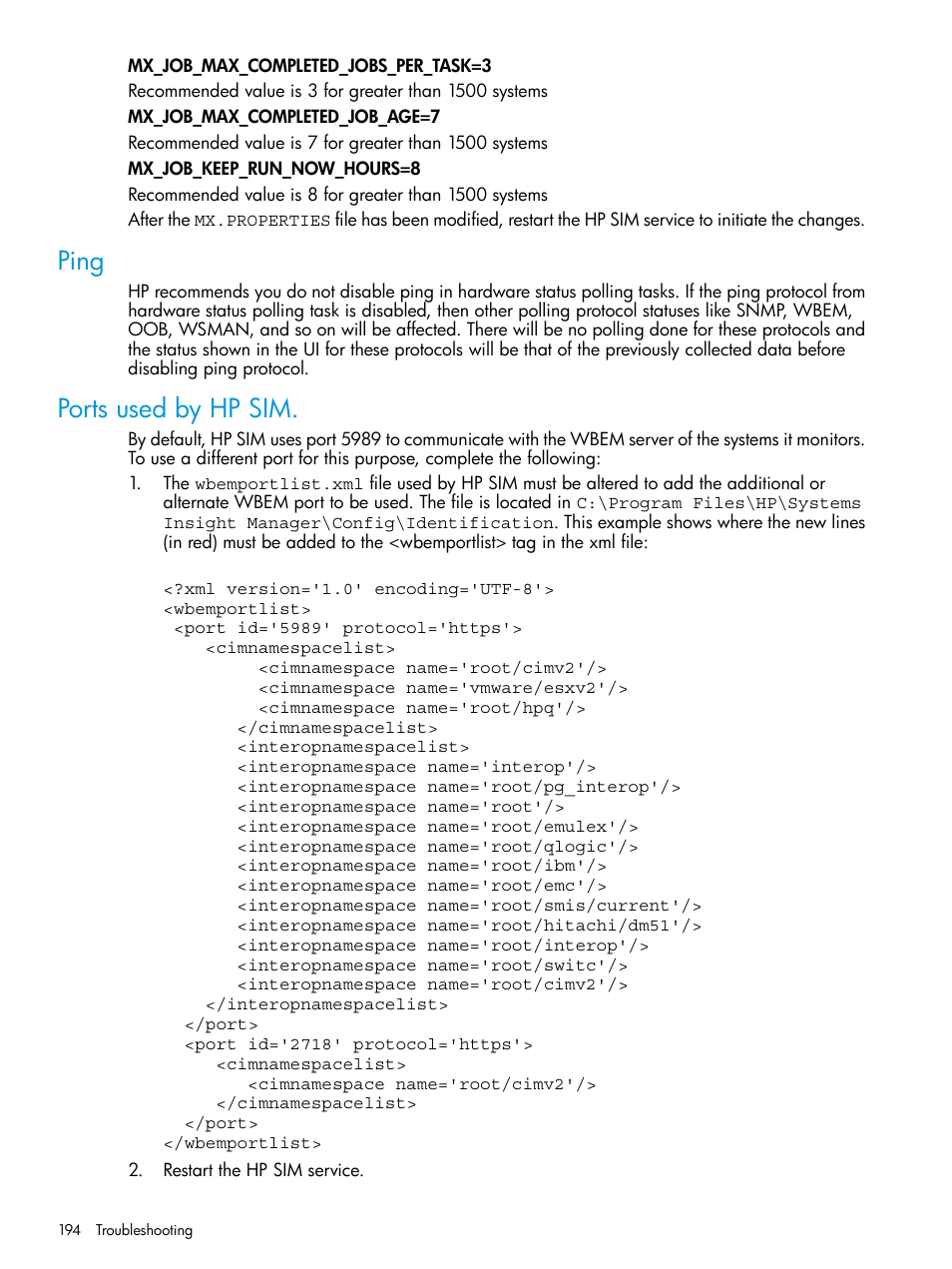 Ping, Ports used by hp sim, Ping ports used by hp sim | HP Systems Insight Manager User Manual | Page 194 / 256