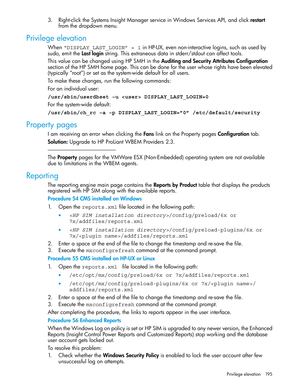 Privilege elevation, Reporting, Property pages | HP Systems Insight Manager User Manual | Page 195 / 256