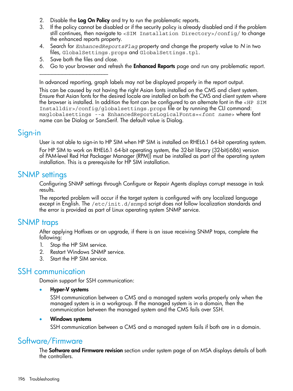 Sign-in, Snmp settings, Snmp traps | Ssh communication, Software/firmware | HP Systems Insight Manager User Manual | Page 196 / 256