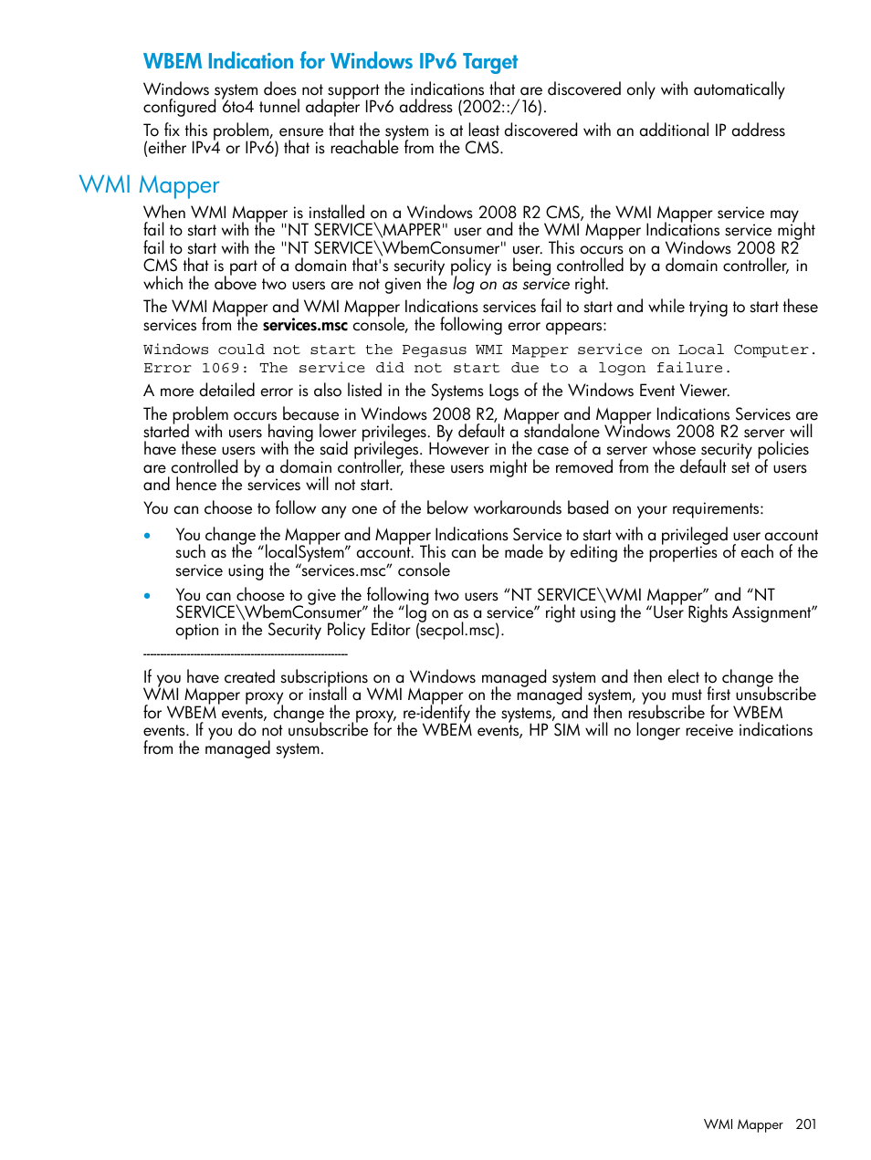 Wmi mapper, Wbem indication for windows ipv6 target | HP Systems Insight Manager User Manual | Page 201 / 256