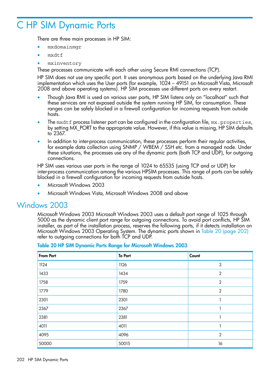 C hp sim dynamic ports, Windows 2003 | HP Systems Insight Manager User Manual | Page 202 / 256