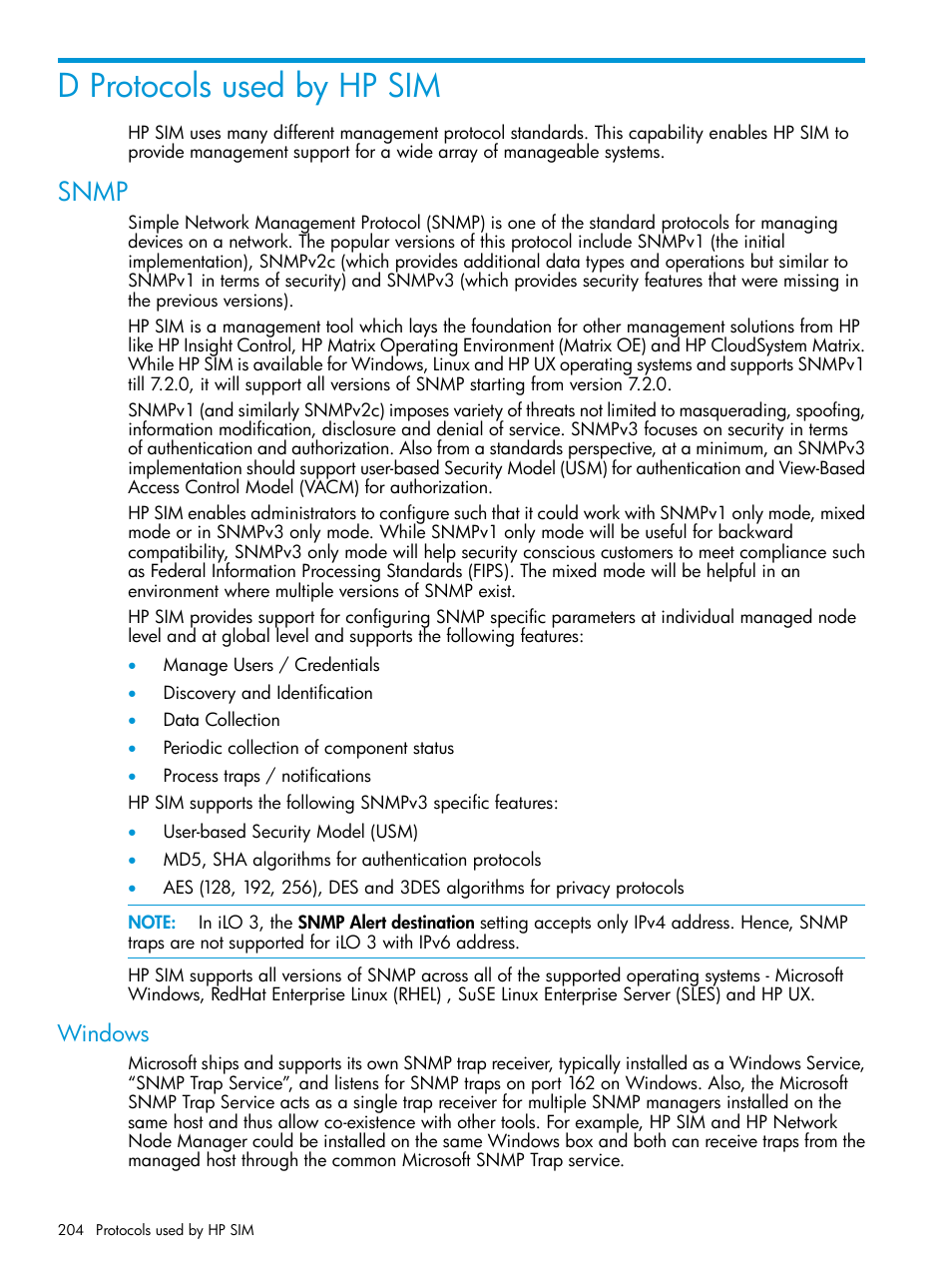 D protocols used by hp sim, Snmp, Windows | HP Systems Insight Manager User Manual | Page 204 / 256