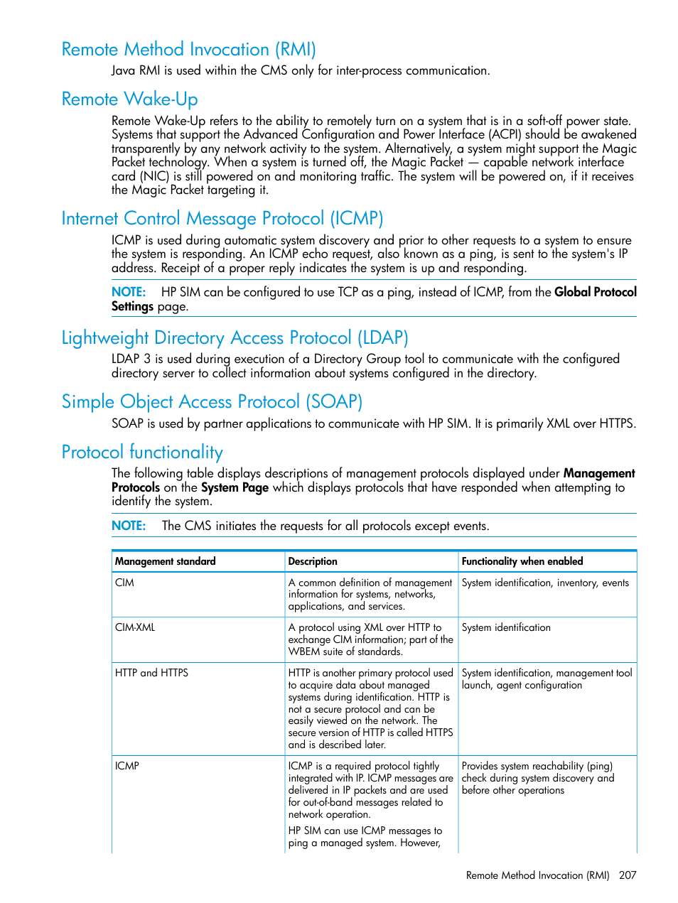 Remote method invocation (rmi), Remote wake-up, Internet control message protocol (icmp) | Lightweight directory access protocol (ldap), Simple object access protocol (soap), Protocol functionality | HP Systems Insight Manager User Manual | Page 207 / 256