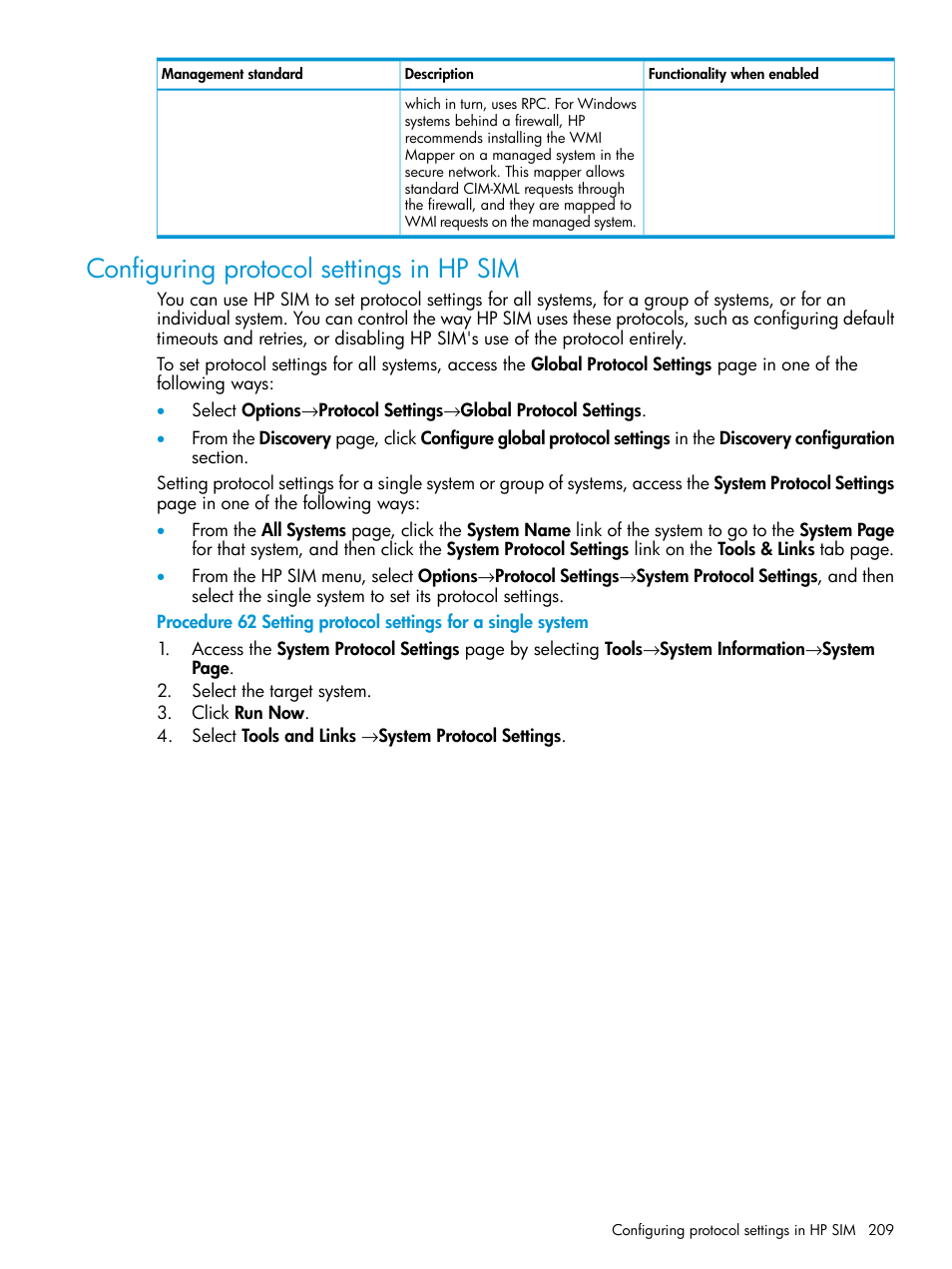 Configuring protocol settings in hp sim | HP Systems Insight Manager User Manual | Page 209 / 256