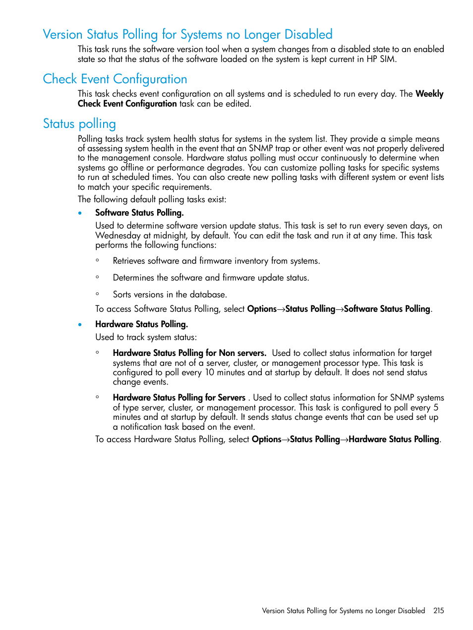 Check event configuration, Status polling | HP Systems Insight Manager User Manual | Page 215 / 256