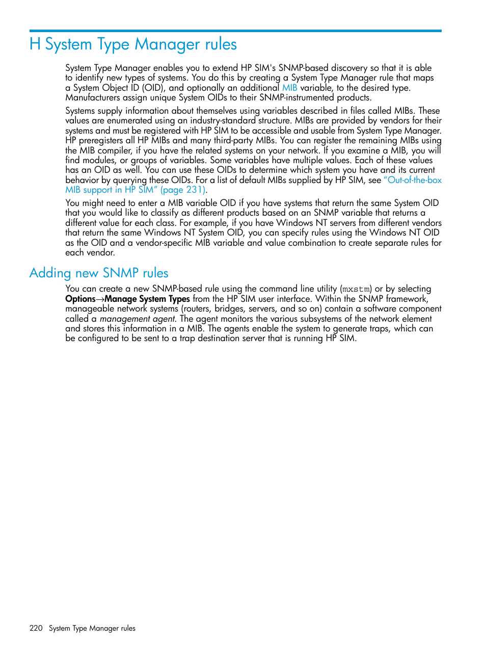 H system type manager rules, Adding new snmp rules | HP Systems Insight Manager User Manual | Page 220 / 256