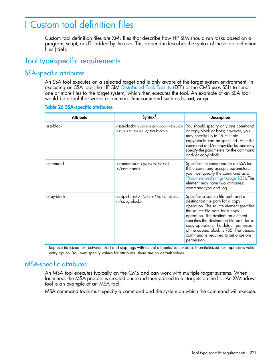 I custom tool definition files, Tool type-specific requirements, Ssa-specific attributes | Msa-specific attributes, Ssa-specific attributes msa-specific attributes, Custom tool | HP Systems Insight Manager User Manual | Page 221 / 256