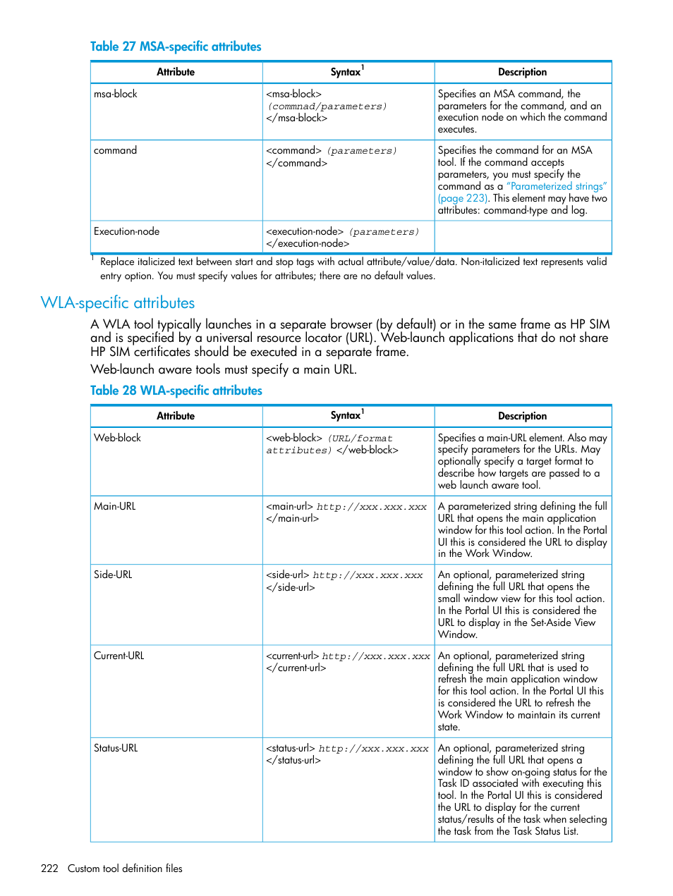 Wla-specific attributes, Wla-specific | HP Systems Insight Manager User Manual | Page 222 / 256