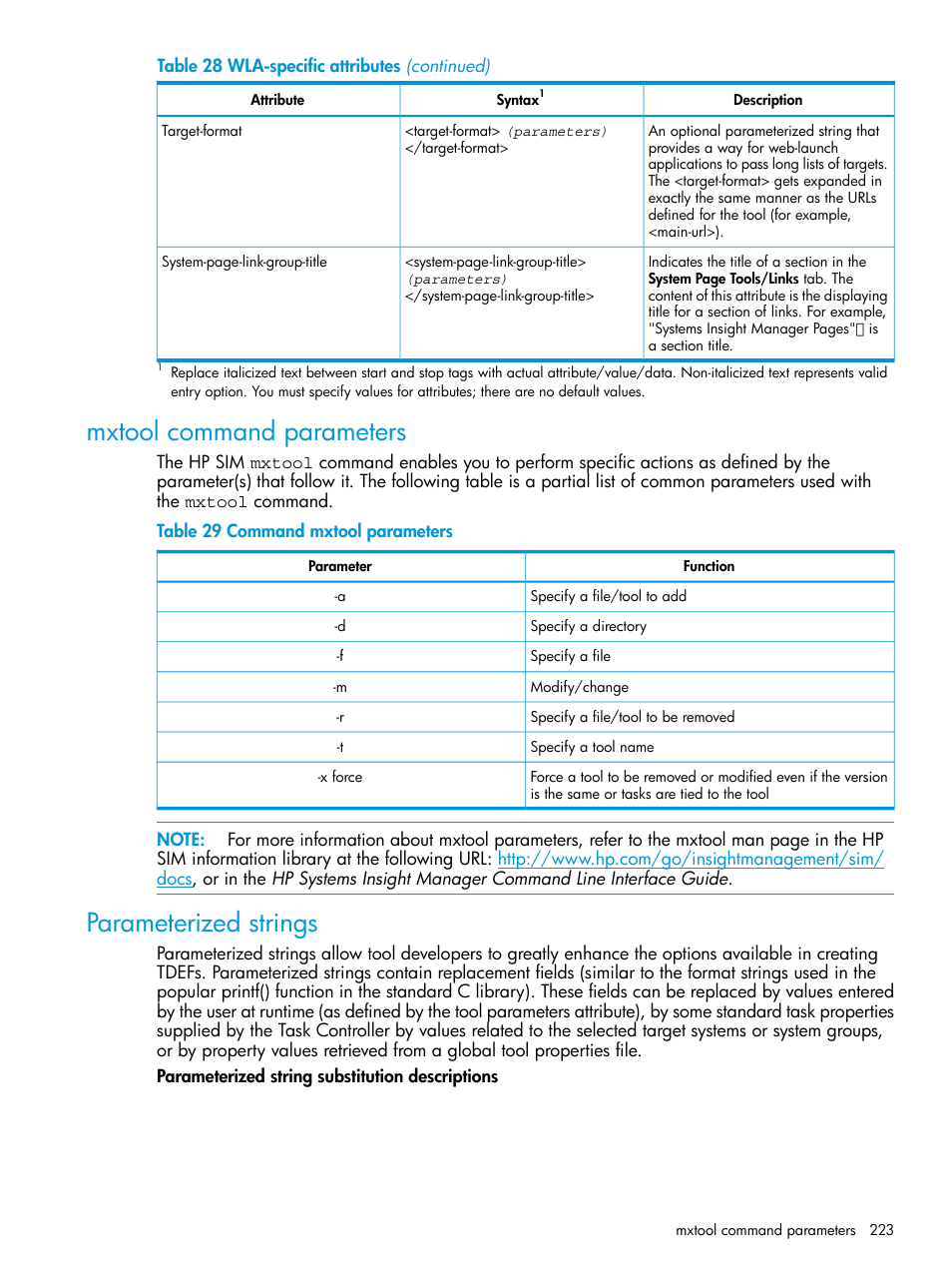 Mxtool command parameters, Parameterized strings, Mxtool command parameters parameterized strings | Parameterized | HP Systems Insight Manager User Manual | Page 223 / 256