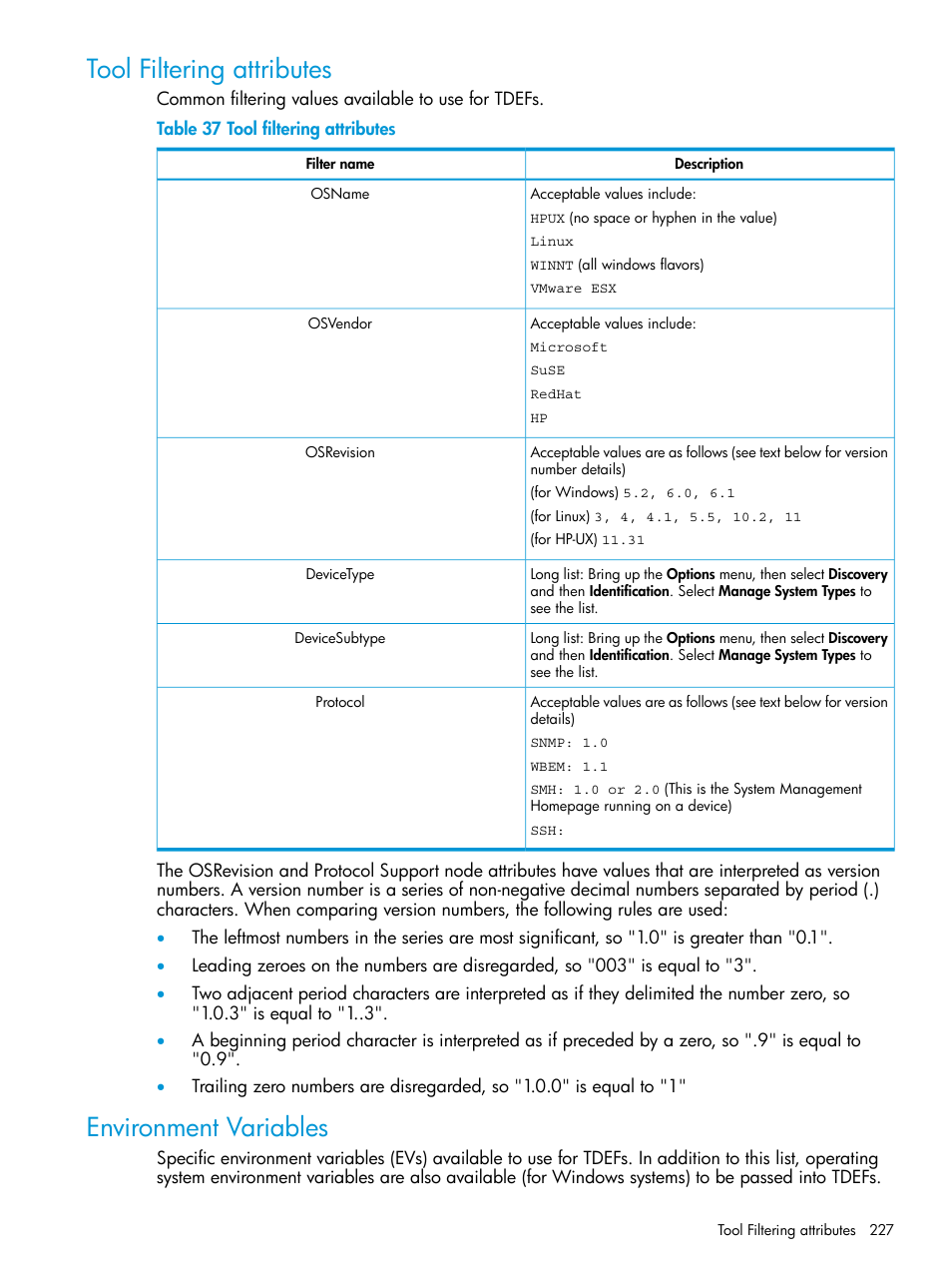 Tool filtering attributes, Environment variables, Tool filtering attributes environment variables | HP Systems Insight Manager User Manual | Page 227 / 256