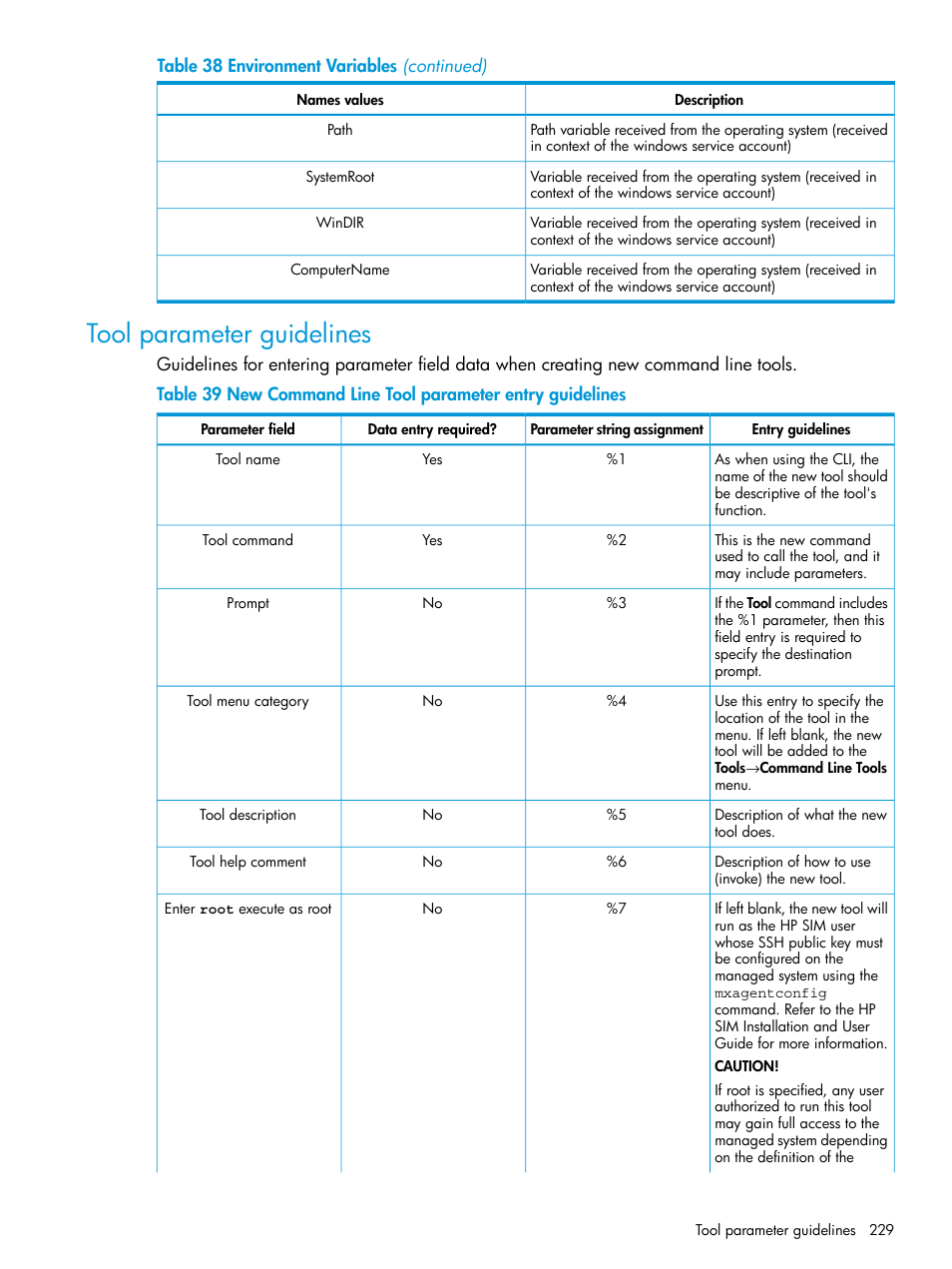 Tool parameter guidelines | HP Systems Insight Manager User Manual | Page 229 / 256