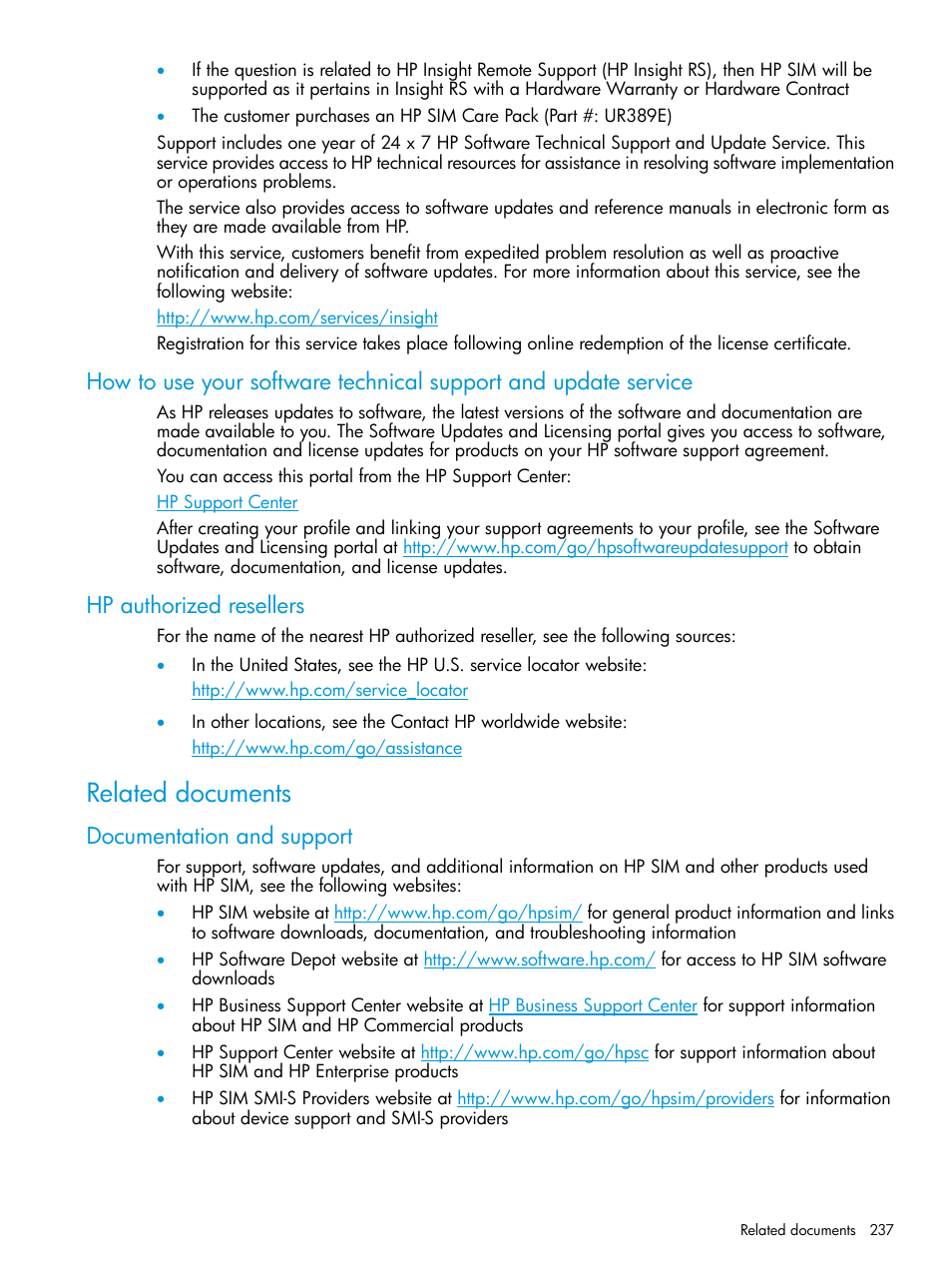 Hp authorized resellers, Related documents, Documentation and support | HP Systems Insight Manager User Manual | Page 237 / 256