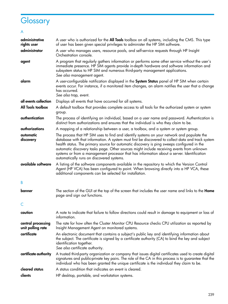 Glossary, Authorizations, Banner | Administrative rights, Available software | HP Systems Insight Manager User Manual | Page 239 / 256