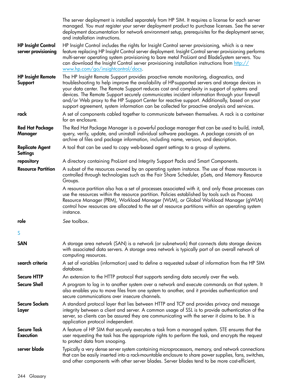 Secure shell, Secure sockets layer, Server blade | Https, Repository, Replicate agent settings | HP Systems Insight Manager User Manual | Page 244 / 256