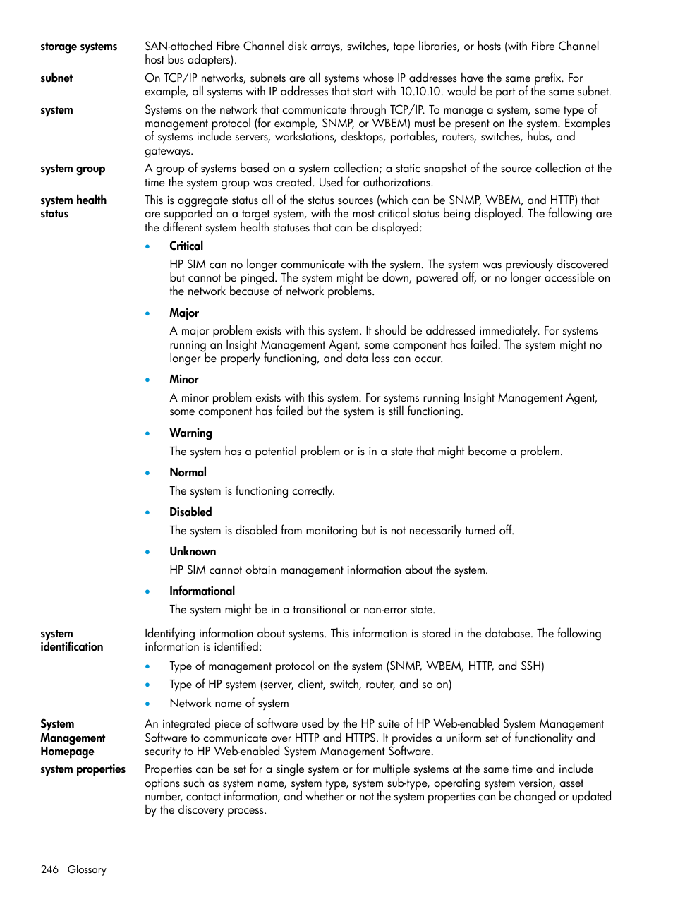 System health status, System, System health | Status, Systems, The health status | HP Systems Insight Manager User Manual | Page 246 / 256