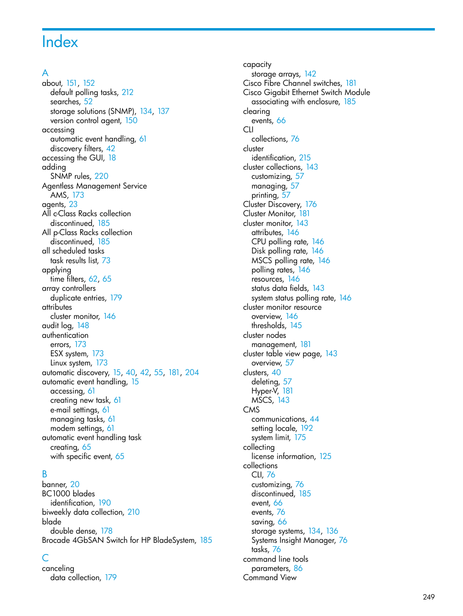 Index | HP Systems Insight Manager User Manual | Page 249 / 256