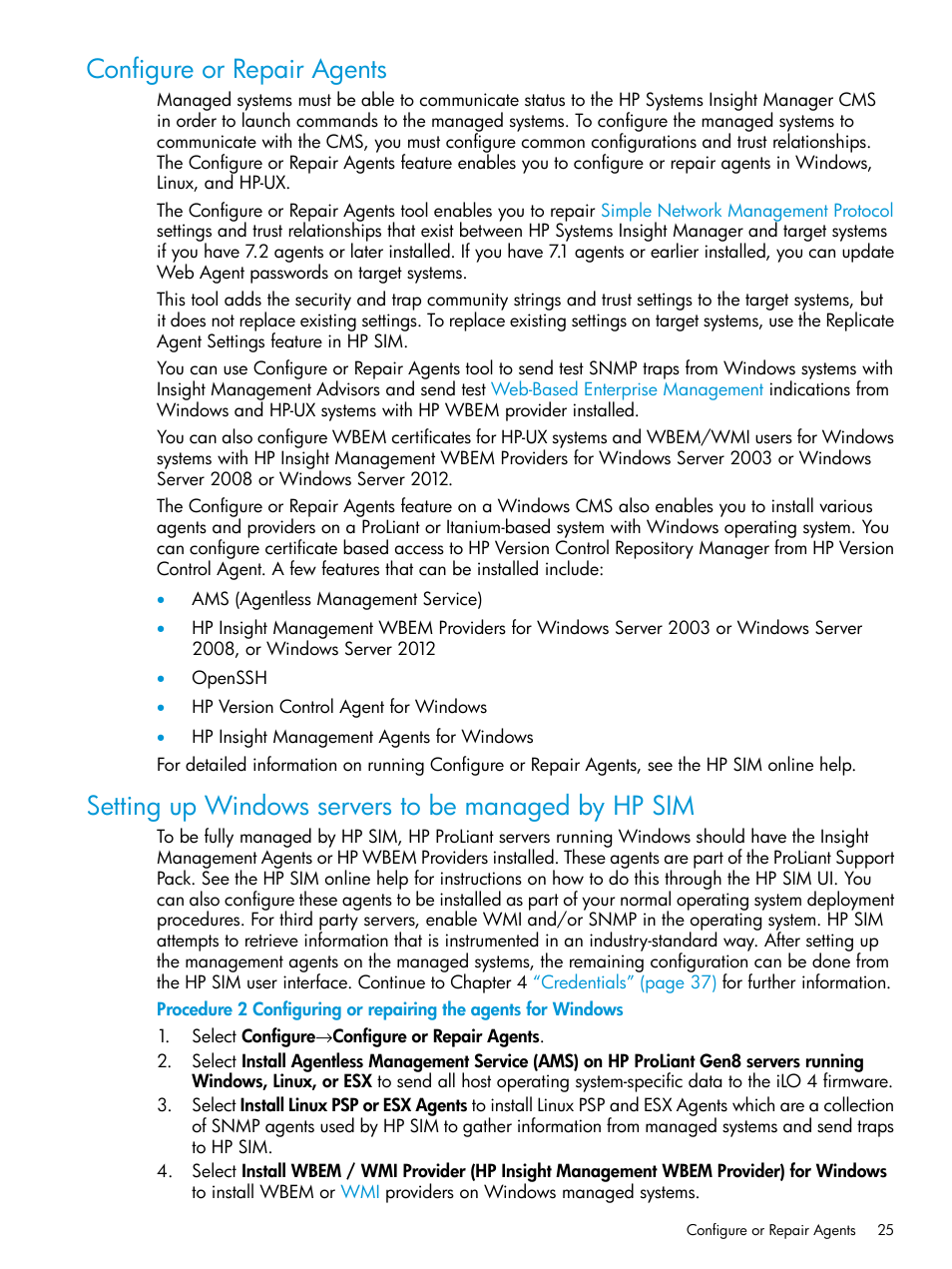 Configure or repair agents, Setting up windows servers to be managed by hp sim | HP Systems Insight Manager User Manual | Page 25 / 256