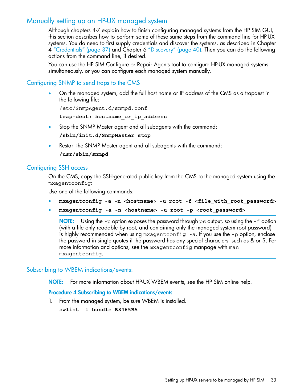 Manually setting up an hp-ux managed system, Configuring snmp to send traps to the cms, Configuring ssh access | Subscribing to wbem indications/events | HP Systems Insight Manager User Manual | Page 33 / 256