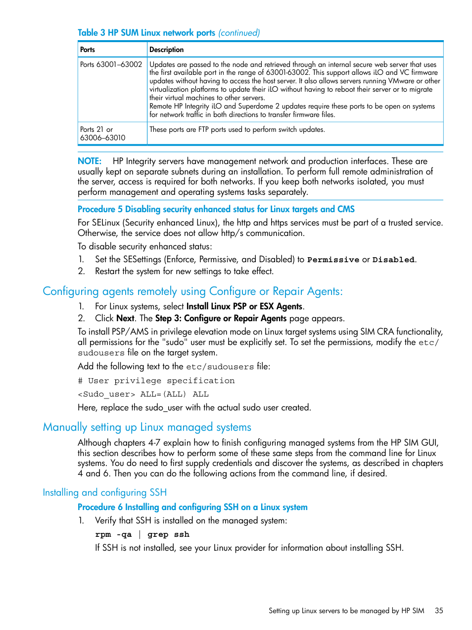 Manually setting up linux managed systems, Installing and configuring ssh | HP Systems Insight Manager User Manual | Page 35 / 256