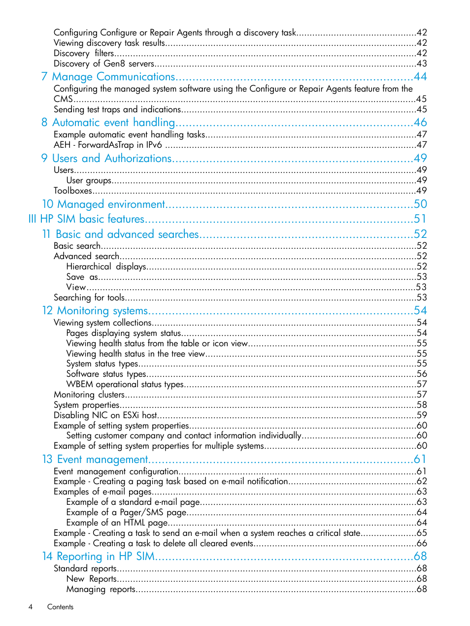 7 manage communications, 8 automatic event handling, 9 users and authorizations | 12 monitoring systems, 13 event management, 14 reporting in hp sim | HP Systems Insight Manager User Manual | Page 4 / 256