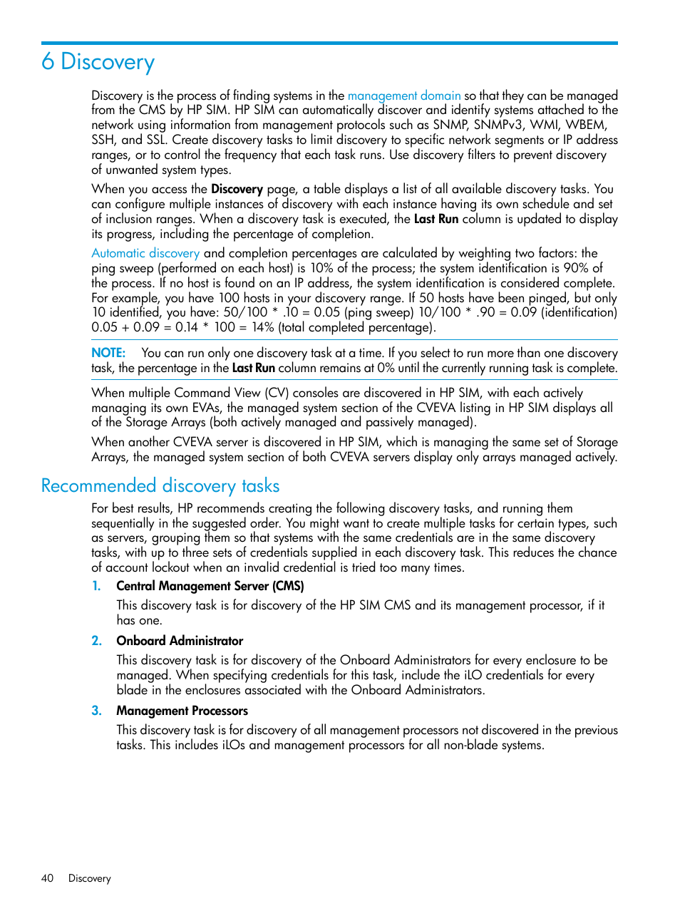 6 discovery, Recommended discovery tasks | HP Systems Insight Manager User Manual | Page 40 / 256