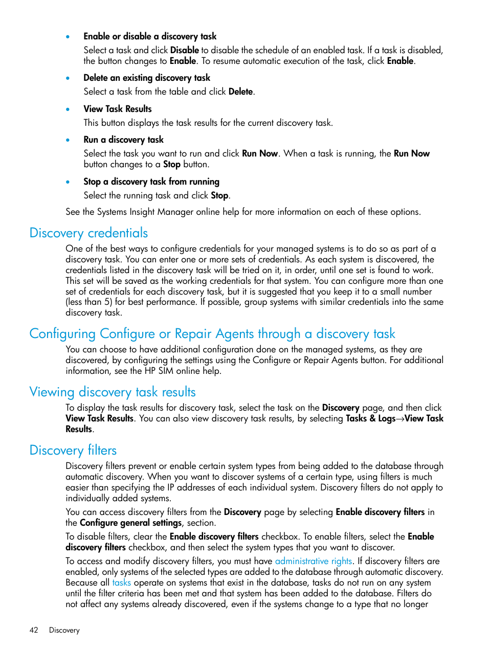 Discovery credentials, Viewing discovery task results, Discovery filters | HP Systems Insight Manager User Manual | Page 42 / 256