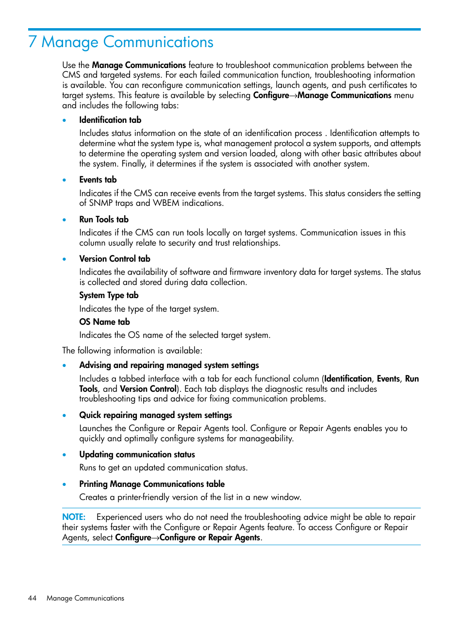 7 manage communications | HP Systems Insight Manager User Manual | Page 44 / 256