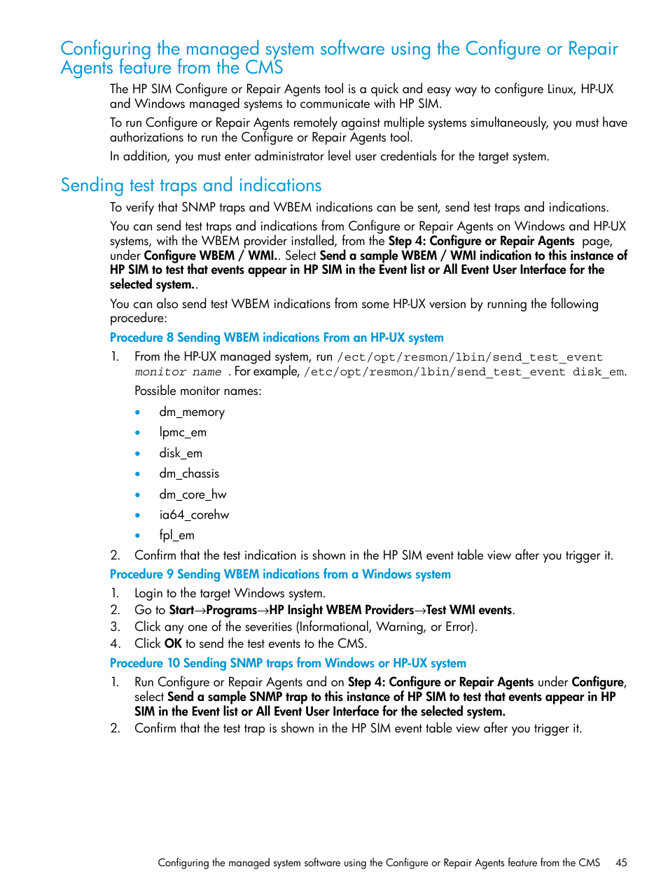 Sending test traps and indications | HP Systems Insight Manager User Manual | Page 45 / 256