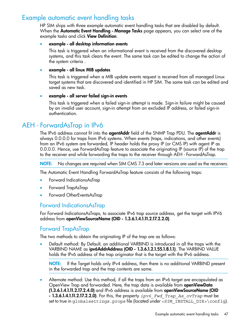 Example automatic event handling tasks, Aeh - forwardastrap in ipv6, Forward indicationsastrap | Forward trapastrap | HP Systems Insight Manager User Manual | Page 47 / 256