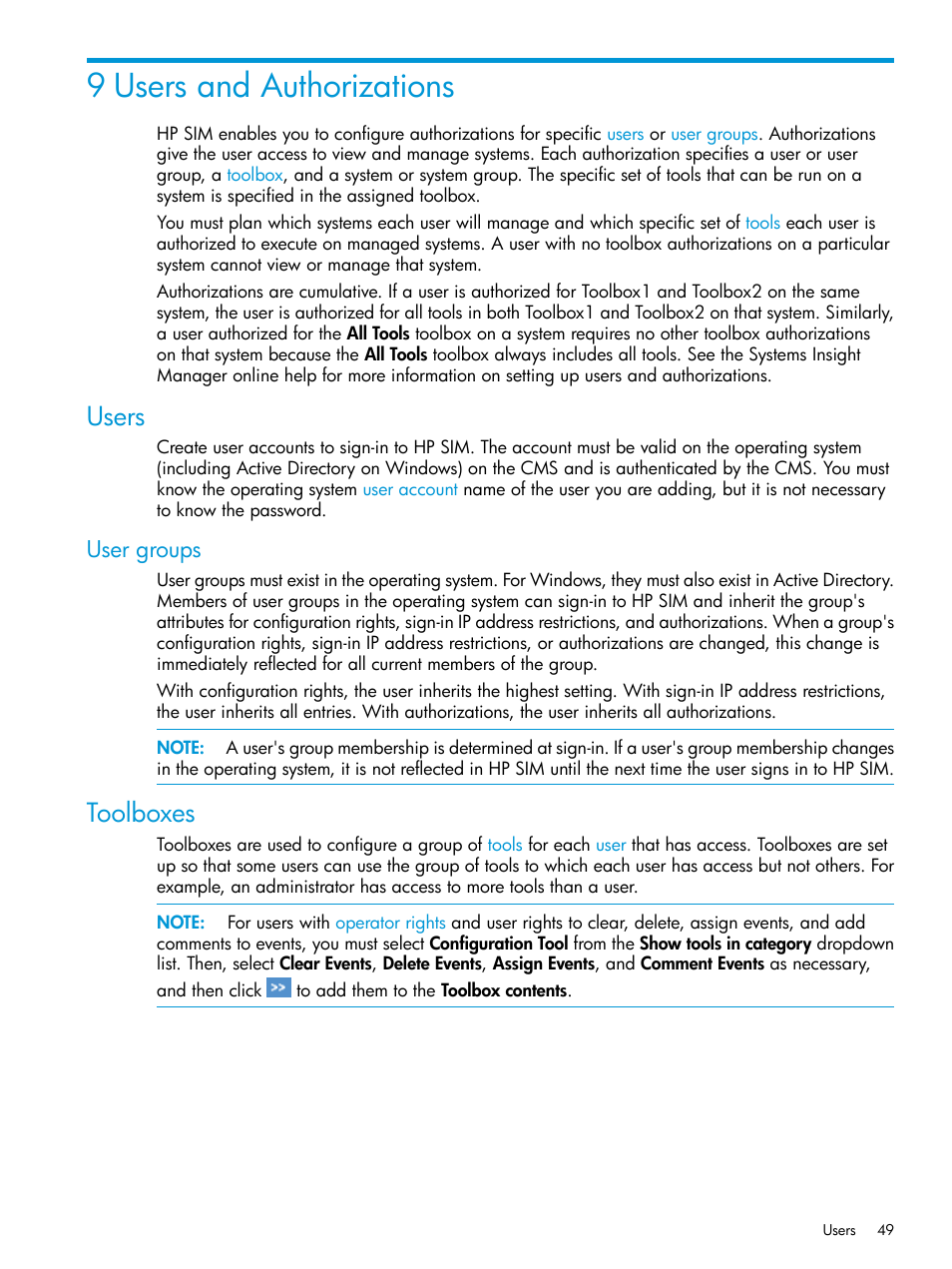 9 users and authorizations, Users, User groups | Toolboxes | HP Systems Insight Manager User Manual | Page 49 / 256