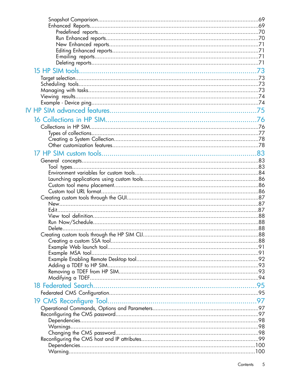 15 hp sim tools, 17 hp sim custom tools, 18 federated search | 19 cms reconfigure tool | HP Systems Insight Manager User Manual | Page 5 / 256