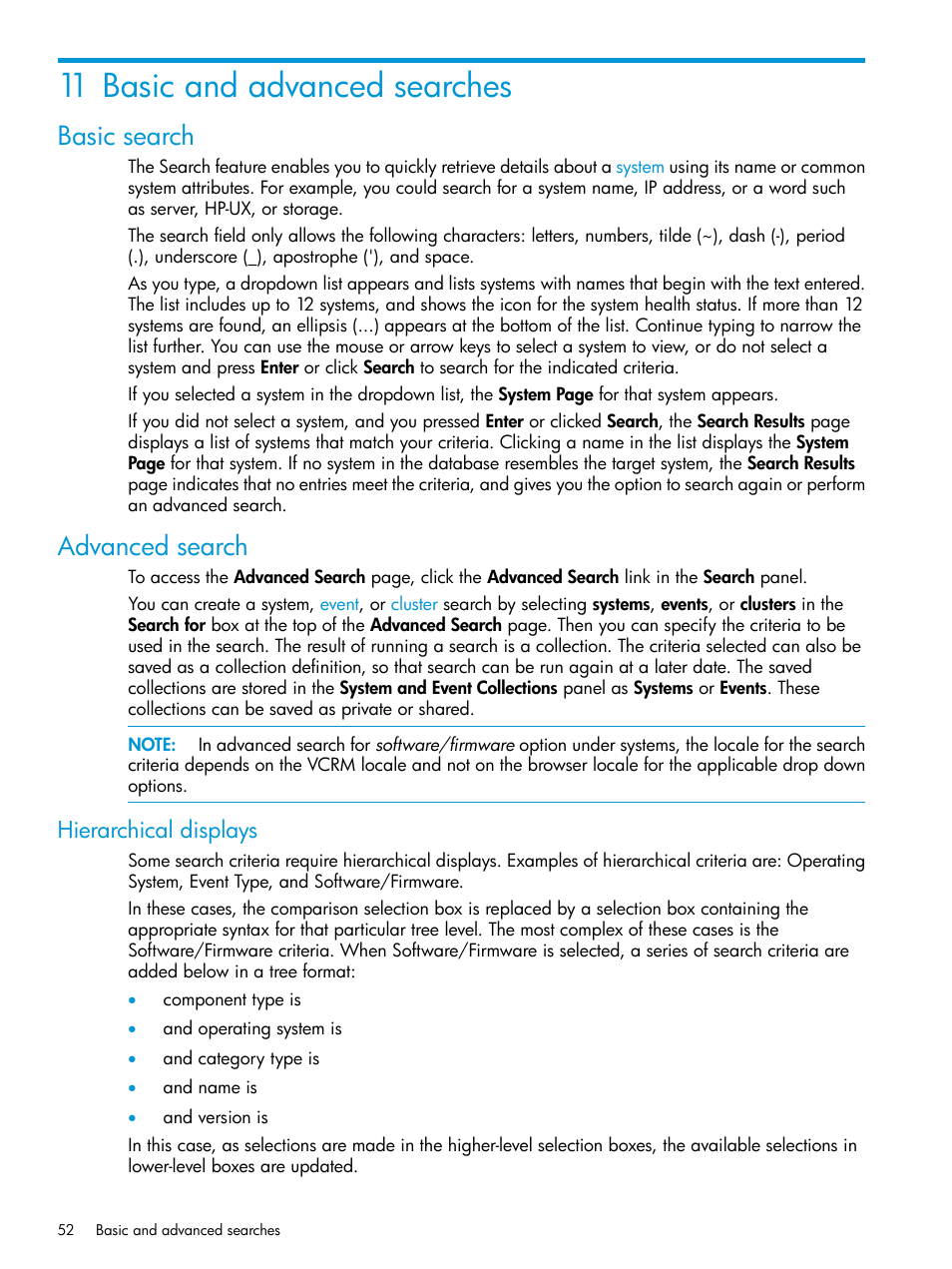 11 basic and advanced searches, Basic search, Advanced search | Hierarchical displays, Basic search advanced search | HP Systems Insight Manager User Manual | Page 52 / 256