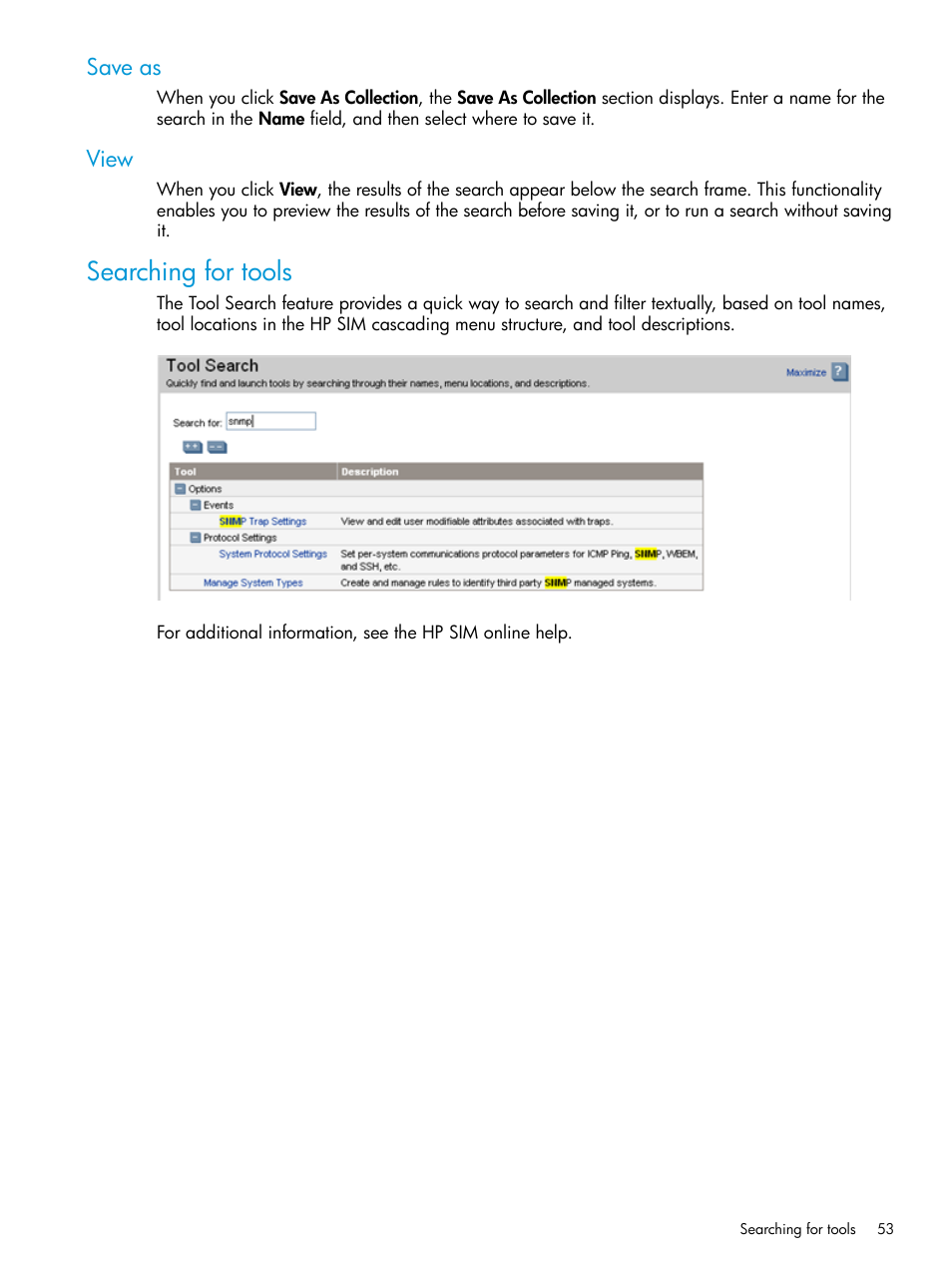 Save as, View, Searching for tools | Save as view | HP Systems Insight Manager User Manual | Page 53 / 256