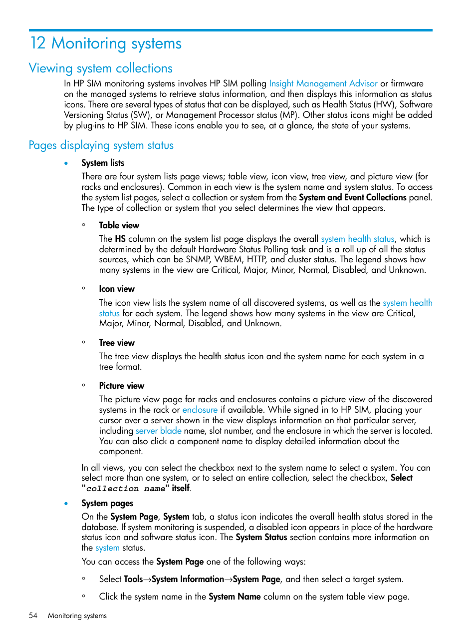 12 monitoring systems, Viewing system collections, Pages displaying system status | HP Systems Insight Manager User Manual | Page 54 / 256