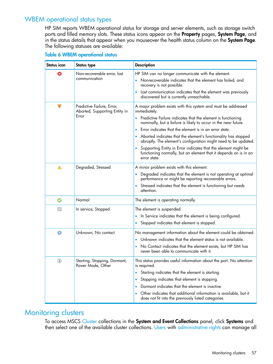 Wbem operational status types, Monitoring clusters | HP Systems Insight Manager User Manual | Page 57 / 256