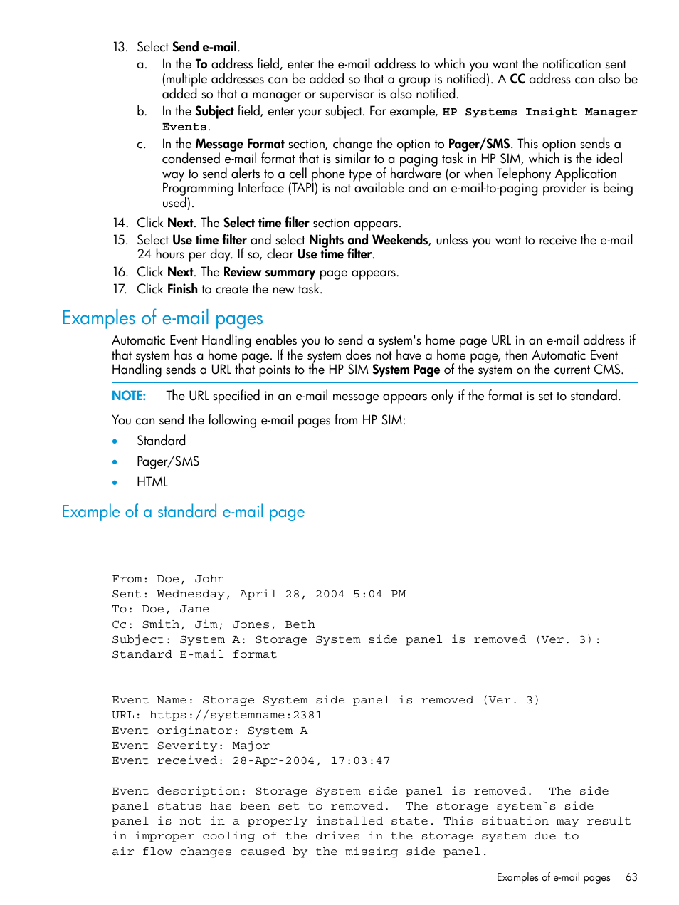 Examples of e-mail pages, Example of a standard e-mail page | HP Systems Insight Manager User Manual | Page 63 / 256