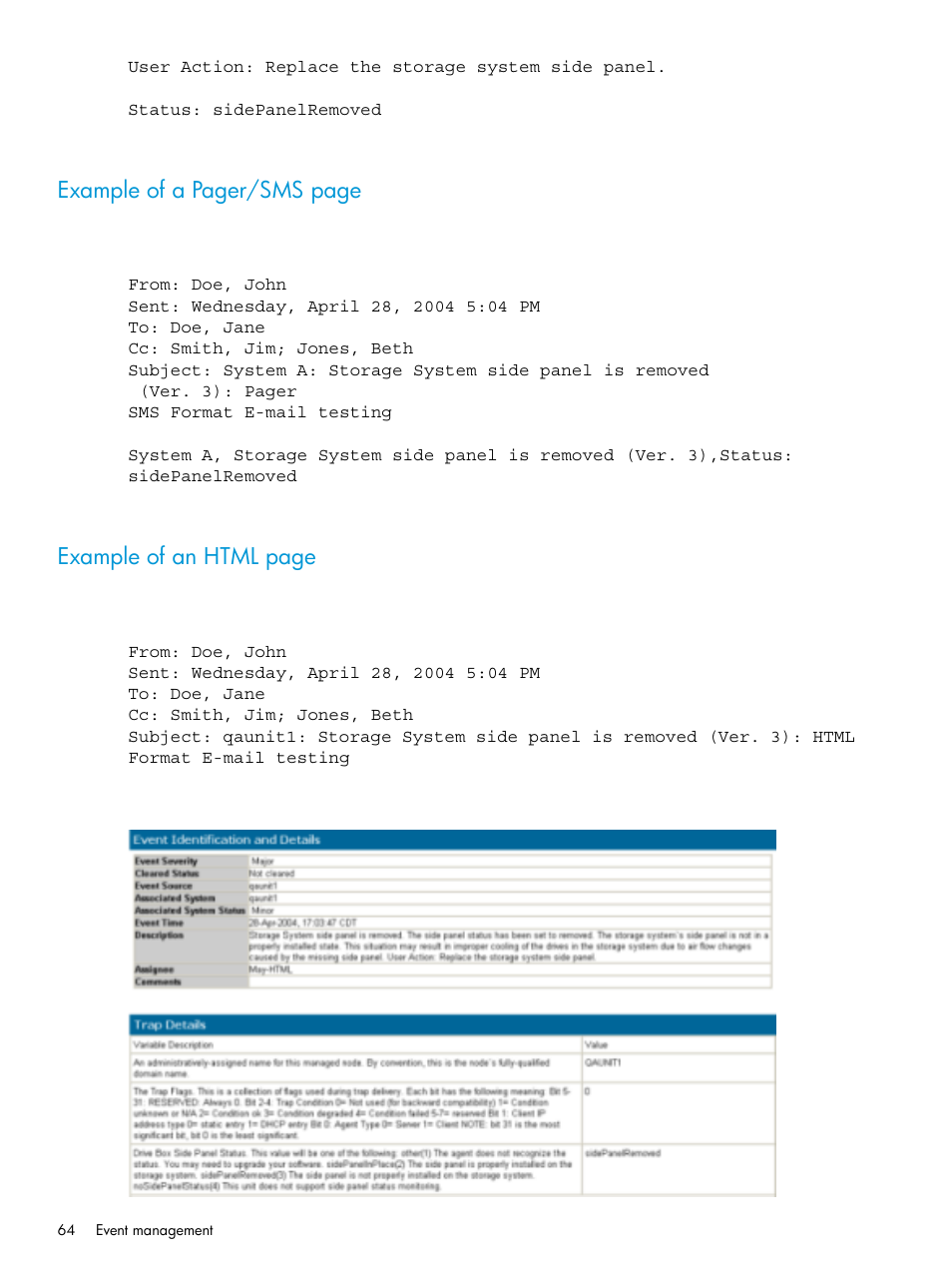 Example of a pager/sms page, Example of an html page | HP Systems Insight Manager User Manual | Page 64 / 256