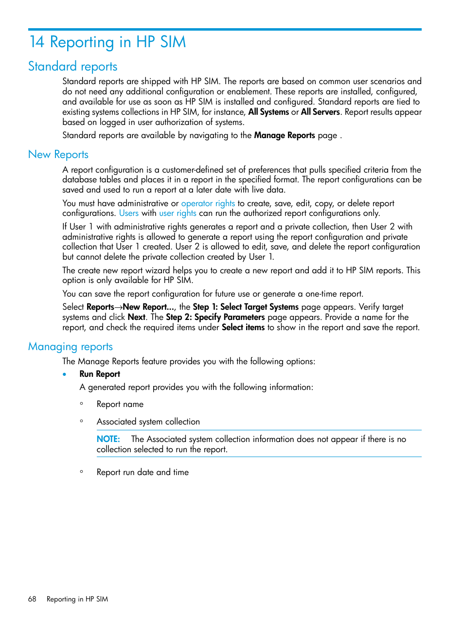 14 reporting in hp sim, Standard reports, New reports | Managing reports, New reports managing reports | HP Systems Insight Manager User Manual | Page 68 / 256