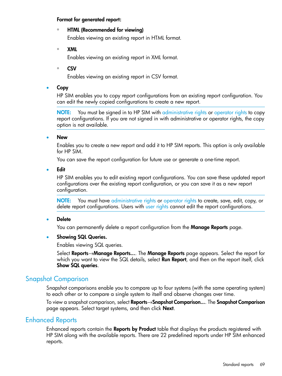 Snapshot comparison, Enhanced reports, Snapshot comparison enhanced reports | HP Systems Insight Manager User Manual | Page 69 / 256