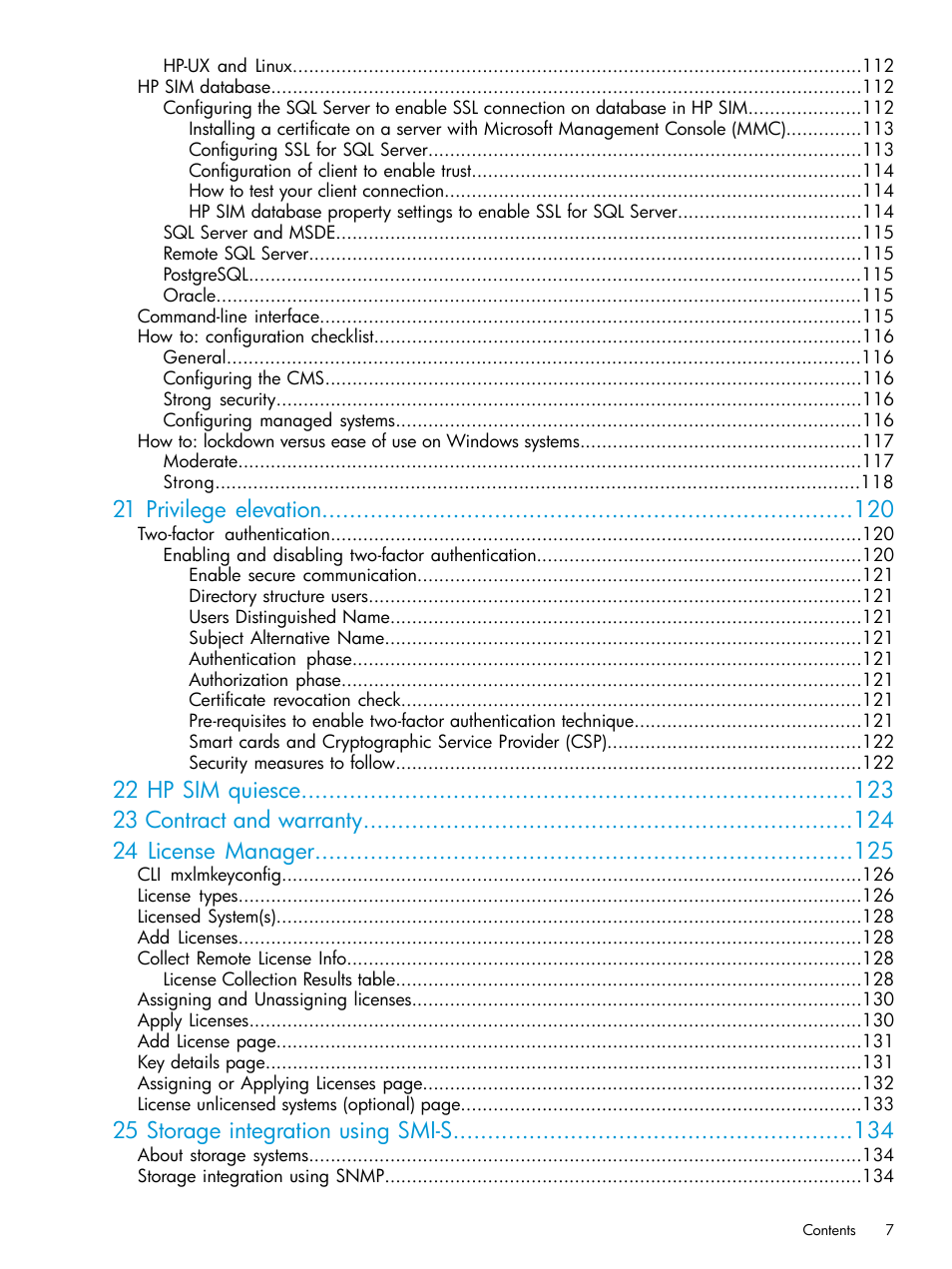 21 privilege elevation, 25 storage integration using smi-s | HP Systems Insight Manager User Manual | Page 7 / 256