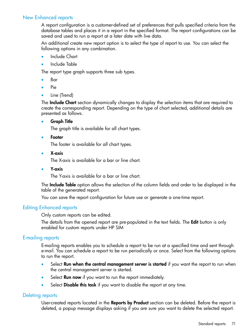 New enhanced reports, Editing enhanced reports, E-mailing reports | Deleting reports | HP Systems Insight Manager User Manual | Page 71 / 256