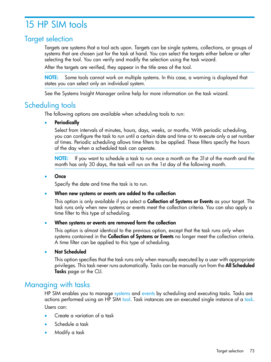 15 hp sim tools, Target selection, Scheduling tools | Managing with tasks | HP Systems Insight Manager User Manual | Page 73 / 256