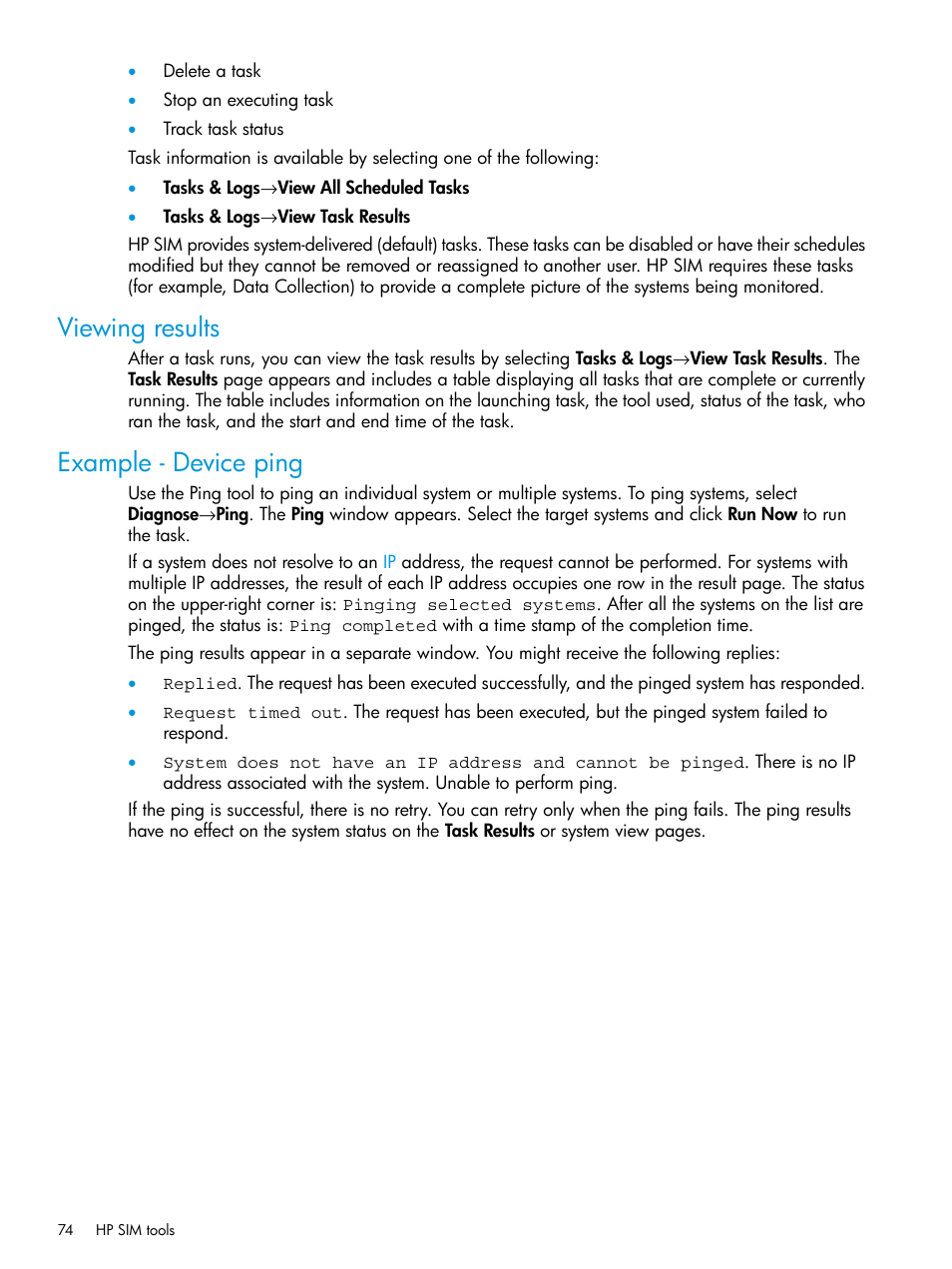 Viewing results, Example - device ping, Viewing results example - device ping | HP Systems Insight Manager User Manual | Page 74 / 256