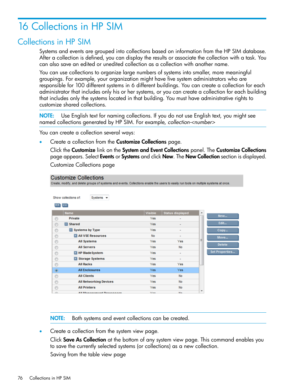 16 collections in hp sim, Collections in hp sim | HP Systems Insight Manager User Manual | Page 76 / 256