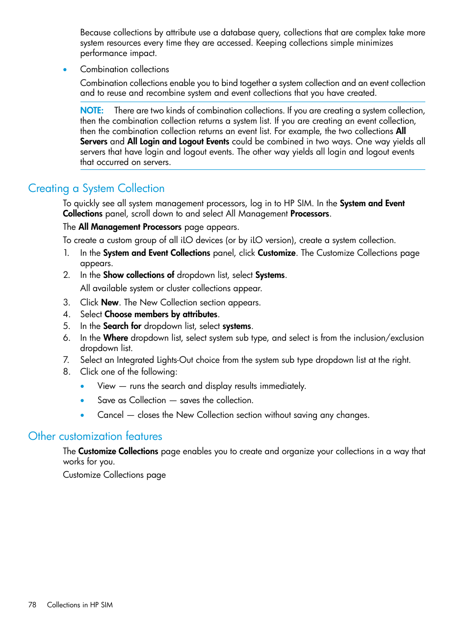 Creating a system collection, Other customization features | HP Systems Insight Manager User Manual | Page 78 / 256