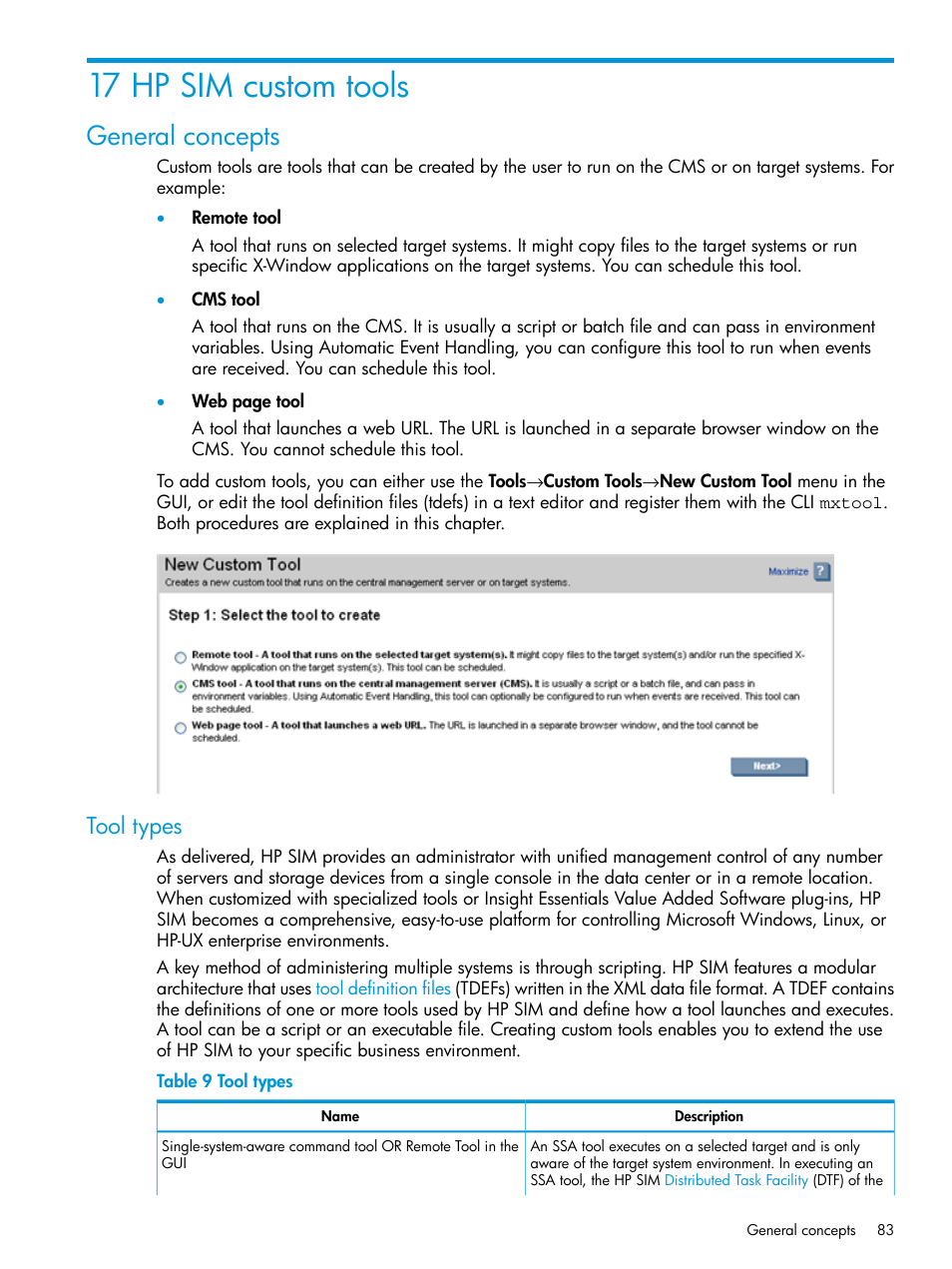 17 hp sim custom tools, General concepts, Tool types | HP Systems Insight Manager User Manual | Page 83 / 256