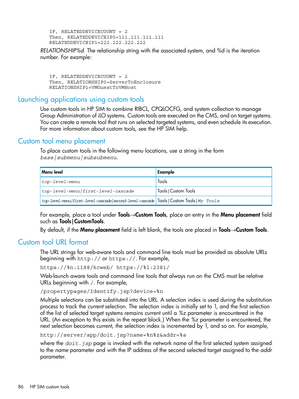 Launching applications using custom tools, Custom tool menu placement, Custom tool url format | HP Systems Insight Manager User Manual | Page 86 / 256