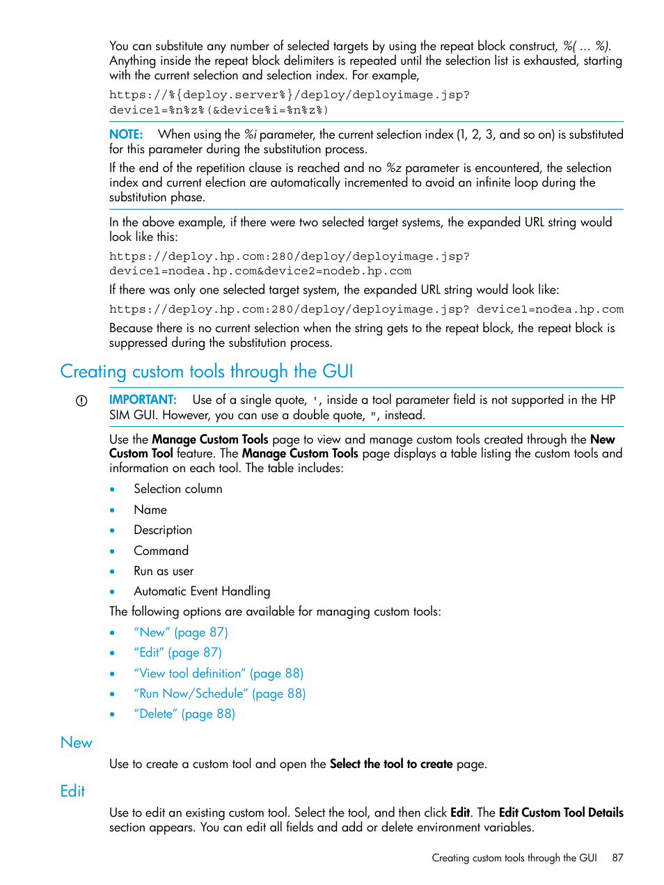 Creating custom tools through the gui, Edit, New edit | HP Systems Insight Manager User Manual | Page 87 / 256