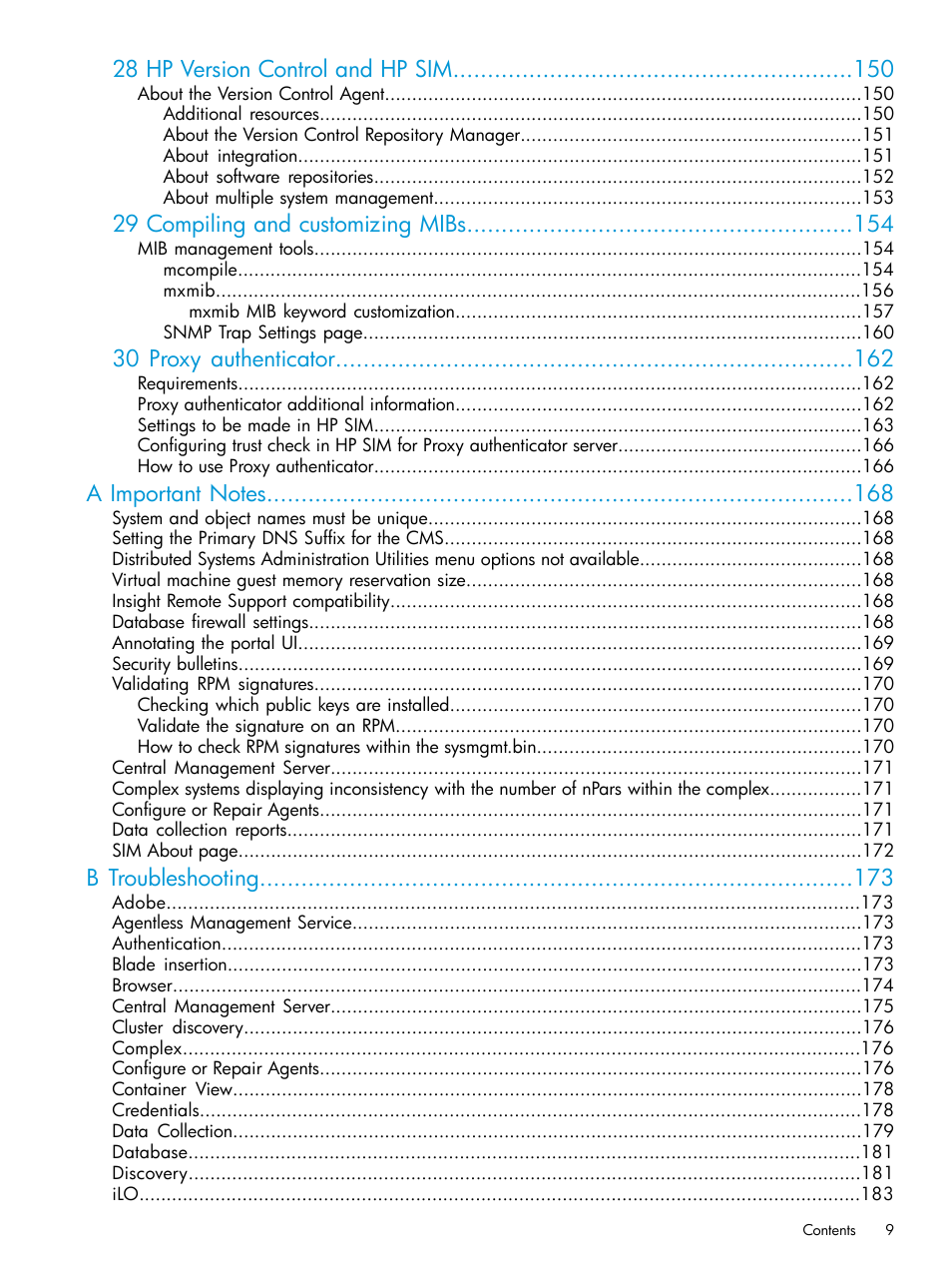 28 hp version control and hp sim, 29 compiling and customizing mibs, 30 proxy authenticator | B troubleshooting | HP Systems Insight Manager User Manual | Page 9 / 256