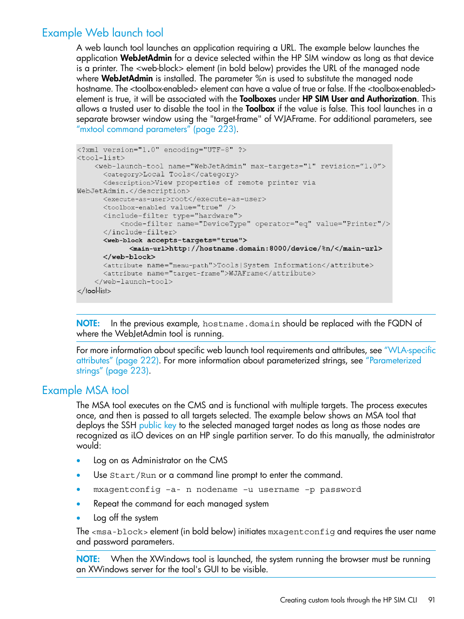 Example web launch tool, Example msa tool, Example web launch tool example msa tool | HP Systems Insight Manager User Manual | Page 91 / 256